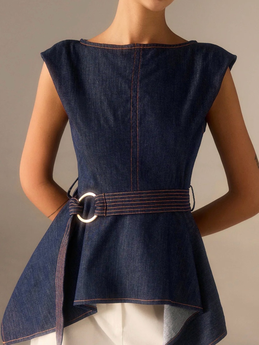 Commense Dark Indigo Denim Peplum Top with Belted Ring